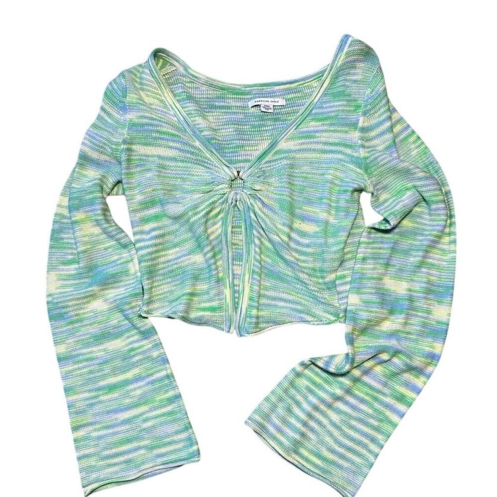 American Eagle Y2K Cropped Medium Key Hole Bell Sleeve Green Blue Hippie Shirt